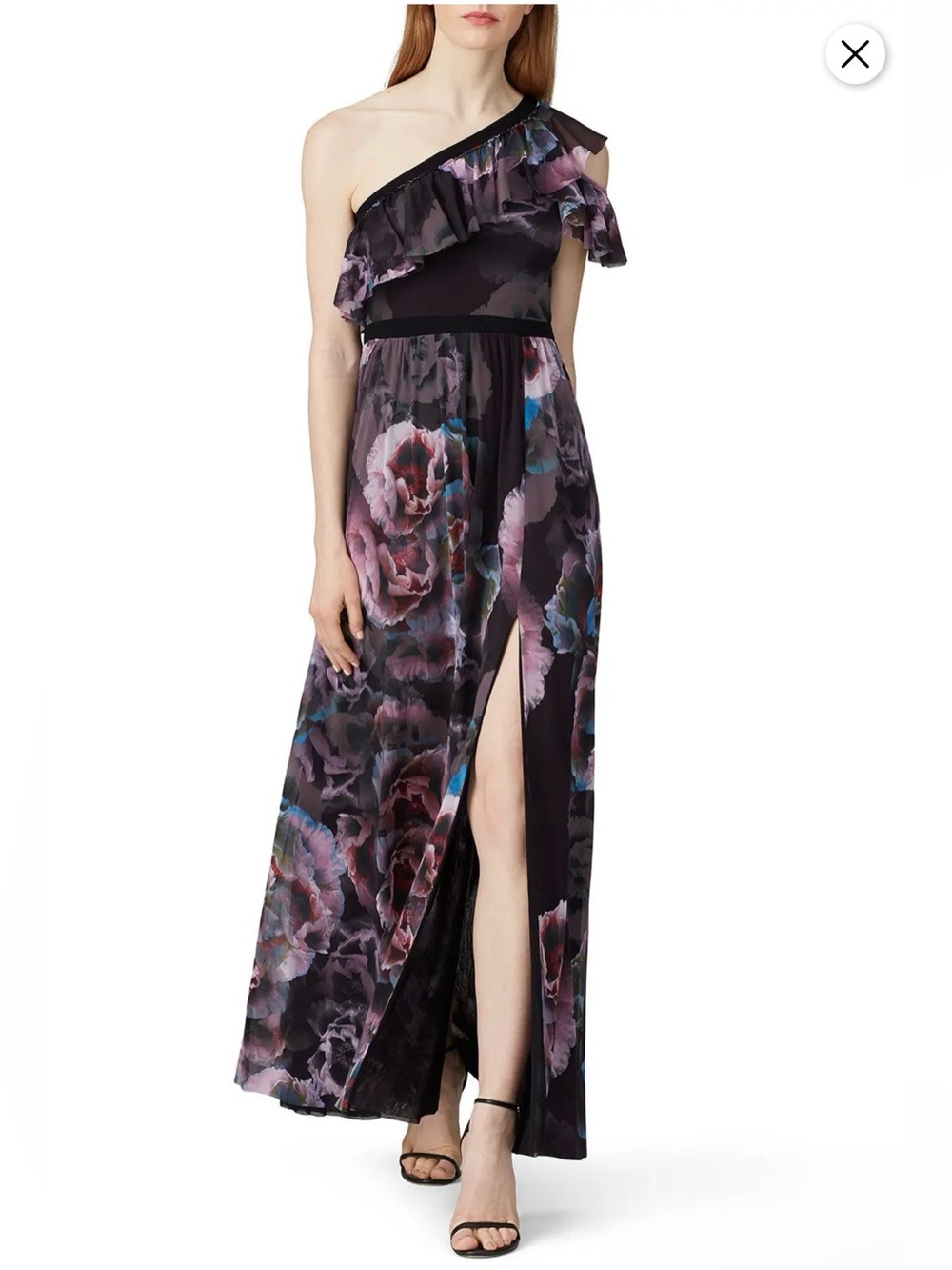 Fuzzi Tulle One-Shoulder Floral Ruffle Maxi Dress Purple Floral Large